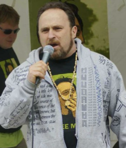 Religious cannabis user Chris Bennett speaking at a rally for Marc Emery.